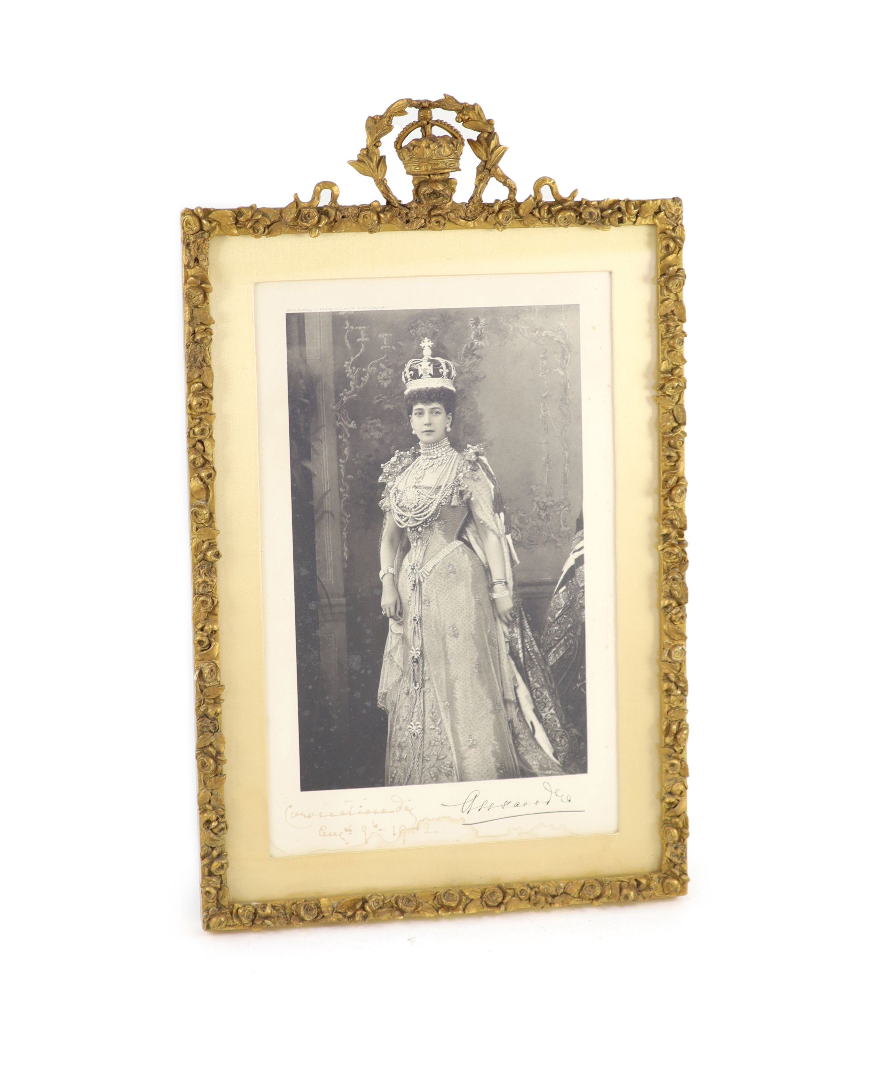 A signed and dated Coronation day portrait photograph, Queen Alexandra of Denmark 44 x 33cm..